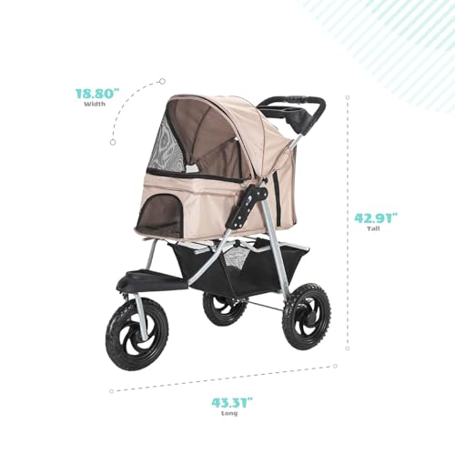 Critter Sitters 3-Wheel Jogging Dog Stroller with Storage Basket and Cup Holders, Modern and Stylish Pet Stroller for Medium to Large Pets up to 55 Pounds, Tan