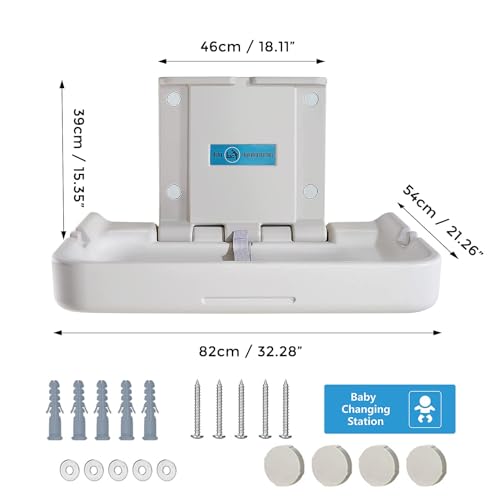 KSITEX Baby Changing Table Wall Mounted,Baby Changing Station with Safrty Strap,HDPE Fold-Down Diaper Changing Station Table,Foldable Diaper Changing Unit for Commercial Bathroom Restroom(Horizontal)