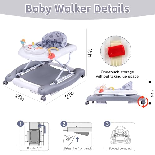 5 in 1 Foldable Baby Walker, Activity Baby Walker-Baby Bouncer, Rocker, Activity Center,Seat and Push Walker,Detachable Trampoline Mat, Adjustable Speed Rear Wheels and Height,Ages 6-18 Months(Grey)