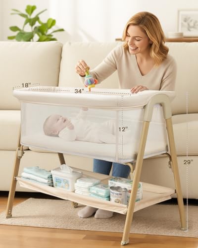 JevrJeur Baby Bassinet, Bedside Bassinet for Baby, Bassinet Bedside Sleeper with Mattress, Storage Basket and 4 Auto-Lock Wheels, Full-Mesh Sides, Bedside Mini Crib for Newborn (Beige)