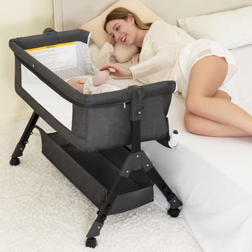 BCOL Baby Bassinet, Bedside Bassinet for Baby, 3 in 1 Bassinet Bedside Sleeper with Wheels, Mosquito Net, Adjustable Easy Folding Portable Bed for Infant Newborn (Dark Grey)