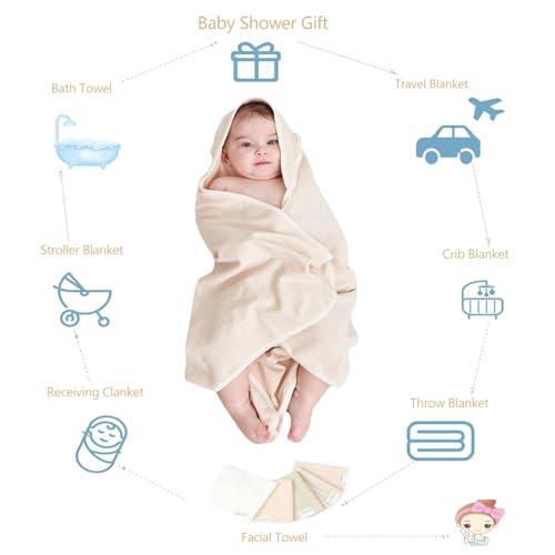 Smluckyg 6 Pack Organic Cotton Baby Bath Set, Ultra Soft Embroidered Hooded Towel and 5 Washcloths, Premium Gentle Newborn, Toddlers Gift for Sensitive Skin, Brown 30 x 30 Inch