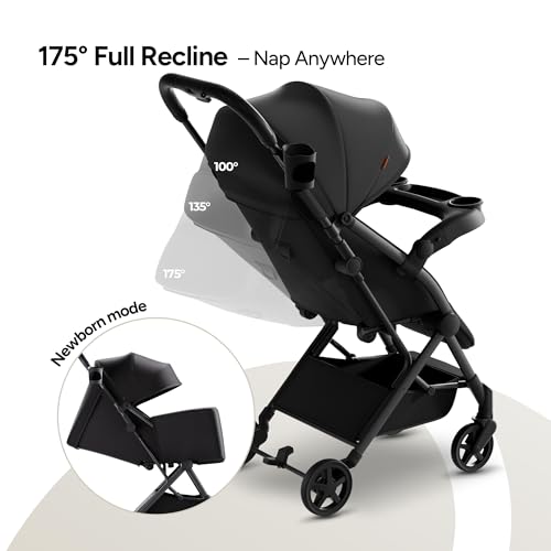 Mompush Lithe V2 Lightweight Travel Stroller, Compact Foldable Baby Stroller with Travel Bag, One-Hand Fold Stroller, Snack Tray, Mechanical Recline Seat, Airplane-Ready, UPF 50+ Canopy & Rain Cover