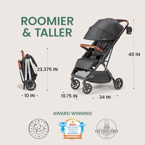 Bombi Bēbee V2 Lightweight Baby Stroller - Premium Vegan Leather, One-Hand Fold, Infinite Recline, Aircraft-Grade Aluminum Frame, XXL Canopy, and Ample Storage Umbrella Stroller - Hickory