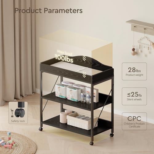 Yetom Baby Changing Table, Diaper Changing Station with Pad and Wheels, Two-Tier Open Storage Shelves, Waterproof Diaper pad & Safety Strap,Compact Baby Furniture for Nursery, Black