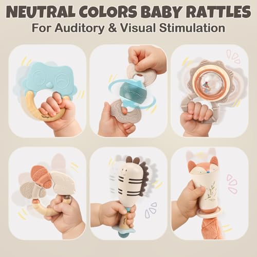 Baby Rattles & Teethers Set – Baby Toys 0-6 Months, Teething Toys 3-6 Months, Sensory Toys with Soft Textures, Gentle Sounds & Easy-Grip Shape, Neutral Newborn Gift（10-Pack）