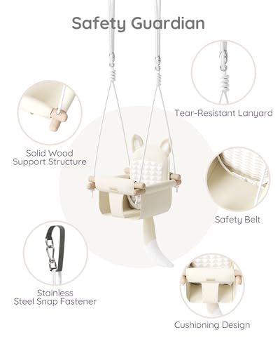 Wooden Hanging Baby Swing with Soft Safety Belt, Cozy Infant Swing Seat for Indoor & Outdoor Use, Adjustable Height, Includes Mounting Hardware – Suitable for Babies & Toddlers(Fox-Themed in Beige)