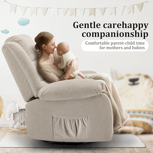 Korser Oversized Recliner Chair, Extra Wide Rocking Chair with Massage and Heat, 360° Swivel Rocker Recliner for Adults, Nursery Chair with Side Pocket, Cashmere Reclining Sofa for Living Room, Beige