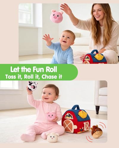 hahaland Baby Toys 6-12 Months - Surprise Barn Stuffed Farm Animals, Rattle, Crinkle, Mirror, Montessori Toys for 6 Month Old Sensory Balls 1-3, Baby Boy Gifts, Farm Plush Toys for Babies Travel Toy