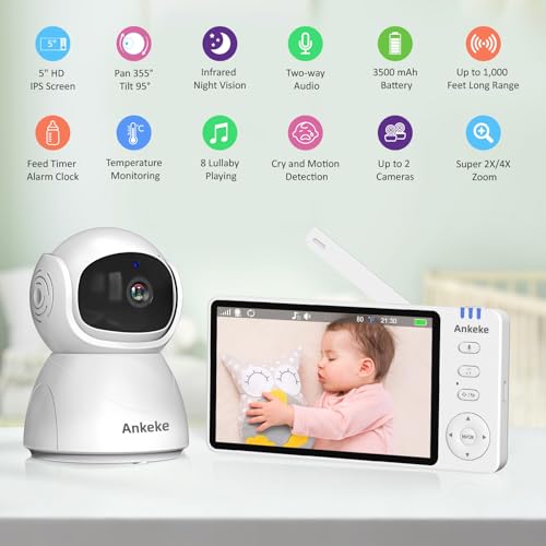 AnKeKe Baby Monitor with Camera and Audio, No WiFi Baby Monitor with 5" IPS LCD Screen, 100-Hour Battery, 1000ft Long Range, 2-Way Talk, Cry and Feeding Reminder, Night Vision and 355°PTZ