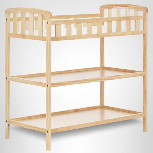 Dream On Me Emily Changing Table, Compact and Lightweight, Solid New Zealand Pinewood, Elevated Safety Rails, Two Storage Shelves, Includes Water-Resistant 1" Changing Pad — Natural