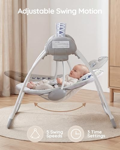 Portable Baby Swing for Infants, Adjustable Speed, Music & Timer, Easy to Fold, Indoor and Outdoor Use, Grey, 6-20 lbs