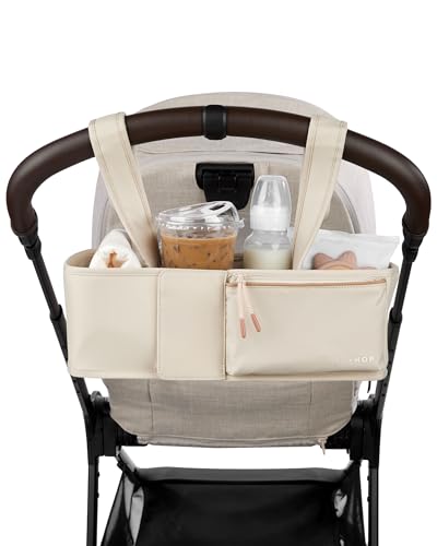 Skip Hop Ultimate Stroller Organizer Universal Fit with Adjustable Straps, Magnetic Flaps and Convertible Design that fits 40 oz. Tumblers, Oat