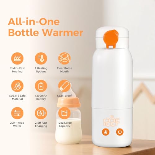 Portable Bottle Warmer for Travel, 12oz Large Capacity Fast Heating, 4 Levels Precise Temperature Control, Long Battery Life, Rechargeable Formula Water Milk Warmer for Car, Airplane & Outdoor Use