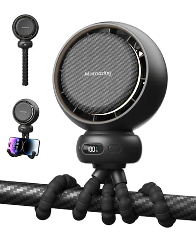 MAMAZING Portable Stroller Fan, 5 Speeds with Natural Wind & 70° Auto Oscillation, 5000mAh USB-C Rechargeable, LED Display, Soothing Songs, Clip Fan for Stroller, Car, Crib, Camping, Outdoor & Indoor