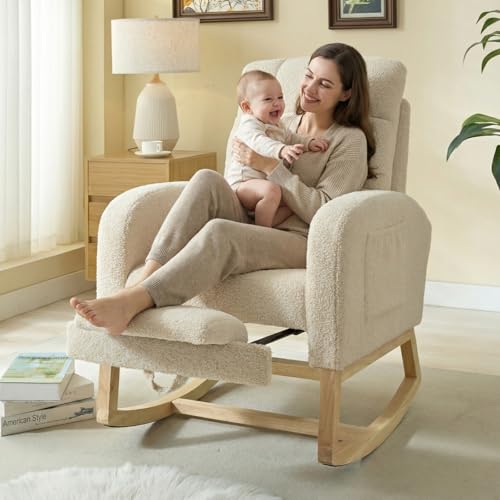 NIOIIKIT Modern Nursery Rocking Chair, Teddy Upholstered Rocking Chair with Footrest, Comfortable Rocker Recliner with Side Pocket, Rocker Glider for Living Room, Bedroom, Nursing Room (Beige)