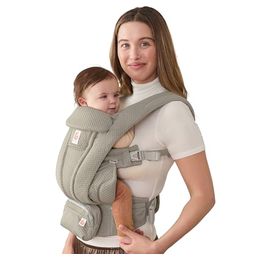 Ergobaby Omni Deluxe Baby Carrier for Newborn to Toddlers 0-48 Months (7-45 lbs) - 4-Position Breathable Mesh Baby Carrier with Ergonomic Support, Storage Pockets, and Sun Hood - Soft Olive