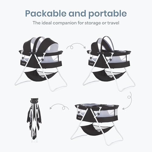 Dream On Me Karley Bassinet, Award Winner Lightweight Travel Baby Bassinet, Foldable Bedside Sleeper, Adjustable Double Canopy, Spacious Design, Soft Fabric, Storage Basket – Black