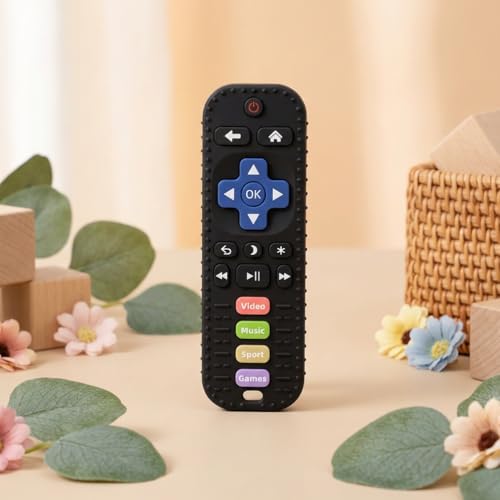 Baby Teething Toys, Remote Control Sensory Teether, Silicone Chew Toy for Teething Relief, BPA-Free Baby Remote Gift for Infants 3-6, 6-12 Months (Black)