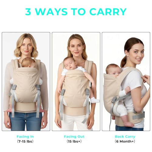CycleMore Baby Carrier Newborn to Toddler - Soft Structured Carrier with Hip Healthy Design, 3 Carry Positions Options, Ergonomic Backpack Design with Lumbar Support (7-35lbs) Ivory