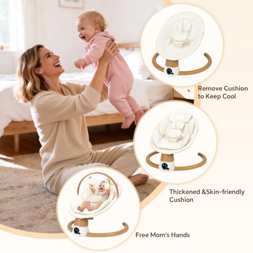 Baby Swings for Infants | Electric Portable Baby Swing with Bluetooth, 5 Swing Speed, 3 Timer Settings, 10 Melodies, 5-Point Harness & Remote Control | Indoor & Outdoor Newborn Swing (Beige)
