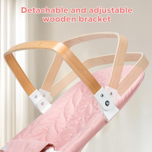 Portable Baby Bouncer, Bouncer Seat for Babies 0-12 Months, 3 Recline Positions, Foldable Baby Rocker Chair with Removable Wooden Bar, Pink
