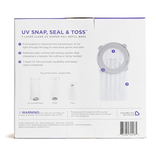 Munchkin® UV Snap, Seal & Toss™ Diaper Pail Refill Bags, Holds up to 600 Newborn Diapers, 20 Pack