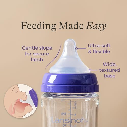 Lansinoh Anti-Colic Glass Baby Bottles, 5 Ounces, 4 Count, Includes 4 Extra Slow Flow Nipples (Size XS, Newborn), Baby Essentials