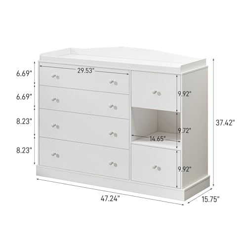 Halitaa Kids Dresser Cabinet with 6 Drawers, Changing Table for Nursery with Shelf, Multi-Functional Chest of Drawers, Kids Bedroom Furniture, Nightstand for Children's Room, White