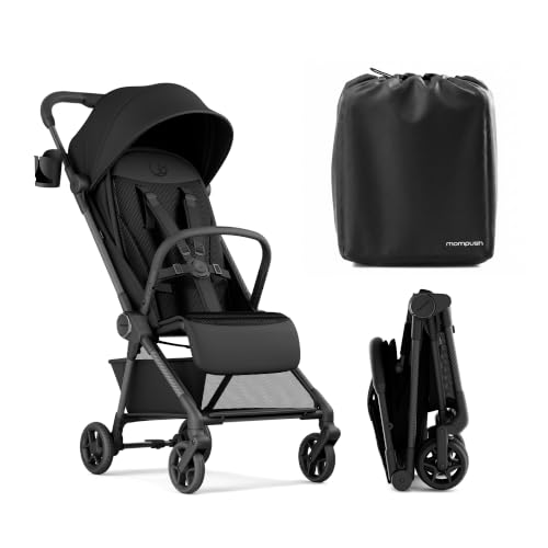 Mompush Nexis Carbon Travel Stroller, Ultra-Lightweight 11.5 lbs, Compact & Airplane Carry-On Approved, One-Second Auto-Fold, One-Hand Full Recline, from Birth to 50 lbs, JPMA Certified, Black