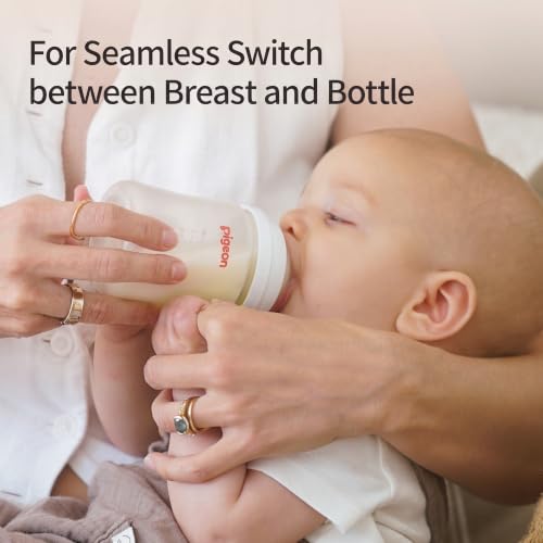 Pigeon Newborn Baby Bottle Feeding Gift Set, Nurture & Nest, Anti-Colic Wide Neck Bottles with Latch-On Silicone Nipples, 3 Bottles (5.4 Oz), 3 Stage 2 Nipples, 1 Bottle Brush and 1 Nipple Brush
