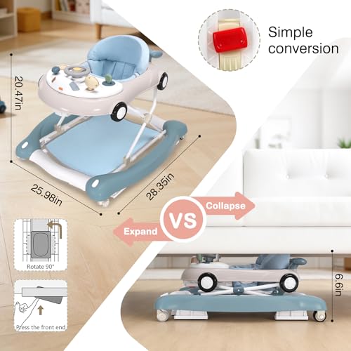 5-in-1 Convertible Baby Walker with Steering Wheel Music Activity Center – Infant Rocker, Jumper, Push Walker, Bouncer & Feeding Foldable Walker for Ages 6-18 Months Boys Girls (Haze Blue)