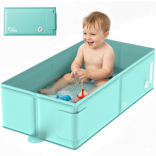 Baby Bathtub, Travel Bath Tub for 6M-3Y Toddler, Non-Slip Base, Bath Essentials for Boys Girls Toddler, Kids, Beach Vacation Travel Essential for Newborn, Registry Search, Green