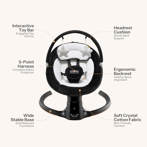 HARPPA Weddell Lite Electric Baby Swing for Infants with Music Speaker, 5 Adjustable Speeds, 5-Point Safety Harness, Timer Function, Compact Design for Indoor & Outdoor Use,Black