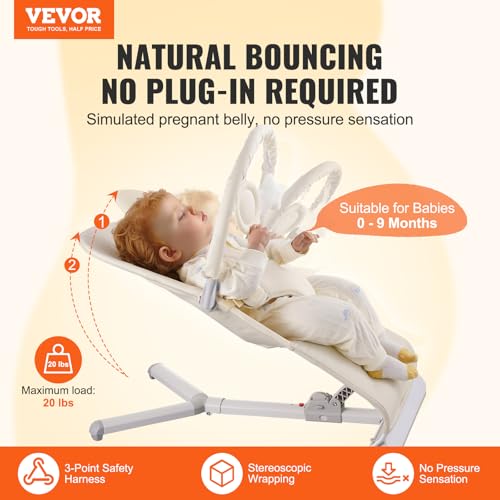 VEVOR Baby Bouncer, Folding Bouncer Seat for Babies 0-9 Months, Portable Baby Bouncer Seat with 2 Reclining Angles, Rotatable Toy Bar & Carrying Bag, Ideal for Indoors Outdoors, Beige