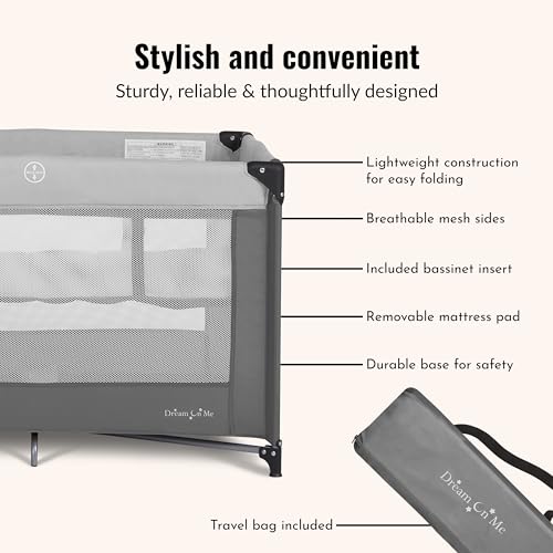 Dream On Me Zazzy Portable Playard with Bassinet - 360° Mesh Visibility, Quick Folding Travel Friendly Design, Carry Bag and Foldable Mattress Pad Included, Compact and Lightweight - Gray