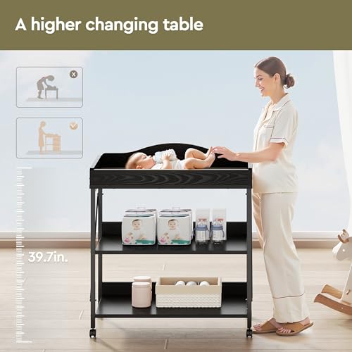 Yetom Baby Changing Table, Diaper Changing Station with Pad and Wheels, Two-Tier Open Storage Shelves, Waterproof Diaper pad & Safety Strap,Compact Baby Furniture for Nursery, Black