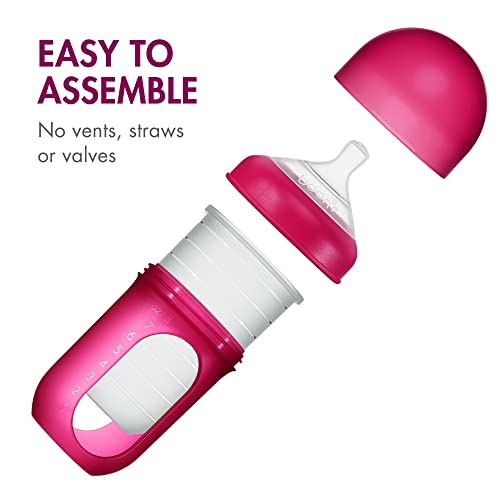Boon Nursh Bottles - Silicone Baby Bottles Help Ease Colic Symptoms - Reusable Food-Grade Silicone Pouches with Polypropylene Shell - Medium Flow - 8 Oz - Pink