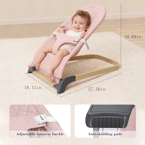 ANGELBLISS Baby Bouncer, Portable Bouncer Seat for Babies, Infants Bouncy Seat with Cotton Fabric, Natural Vibrations (Pink)