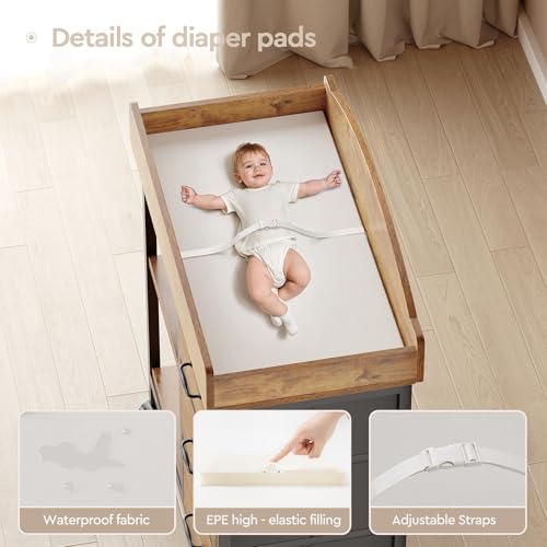 YeTom Changing Table Dresser, Baby Dresser with 3 Fabric Drawers and 2 Shelves, Multi-Functional Baby Changing Table with Pad, Classic Nursery Dresser, Diaper Changing Station, Rustic Brown