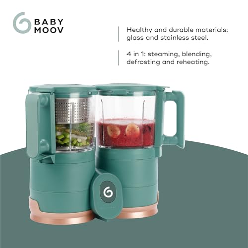 Babymoov Duo Meal Glass Food Maker - Baby Food Processor with Built-in Glass Steamer, Stainless Steel Basket, and Glass Blender (Over 6 Cup Capacity), Dark green