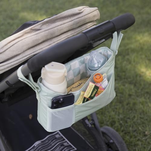 Tiny Twinkle Universal Stroller Organizer with Adjustable Strap - Waterproof Caddy Fits Baby Jogger, Nuna, Graco, Donna and Bugaboo Stroller | Sage Checkers