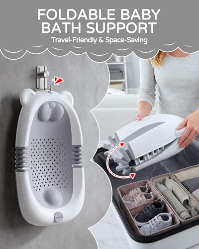 ISELECTOR Baby Bath Support Foldable Baby Bathtub Bath Tub for Newborn Infant Baby Bath Seat with Non-Slip Suction Cup 0-6 Months Infant Essentials Must Haves Ideal for Newborn Gifts (Grey)