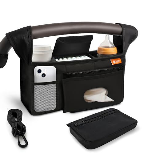 Baby Uma Universal Stroller Organizer Bag - Stroller Caddy Organizer with XL Insulated Cup Holder (x2), Phone Holder, Wipes Dispenser, Zip-Off Wrist Bag & Clip-On Shoulder Strap, Baby Travel Gear