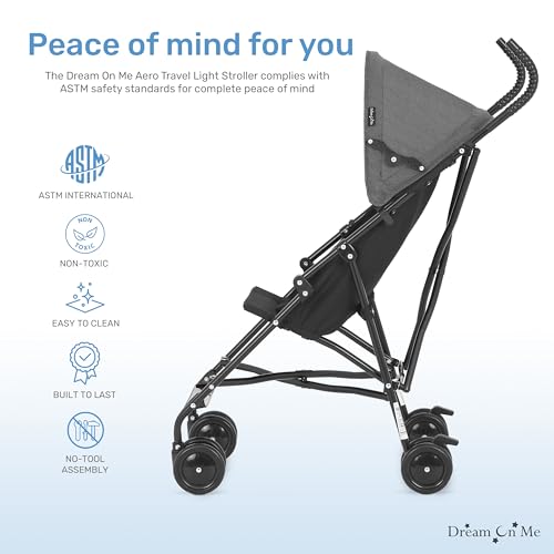 Dream On Me Aero Travel Umbrella Stroller, One-Hand Quick Fold, 3-Point Safety Harness, Dual Brakes, Adjustable Removable Canopy, Lightweight Compact & Space-Saving, for 6 to 36 Months – Black