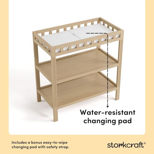 Storkcraft Morningside Changing Table (Driftwood) – GREENGUARD Gold Certified Baby Changing Table, Includes Waterproof Diaper Changing Pad, Easy 30-Minute Assembly, 2 Open Shelves for Storage