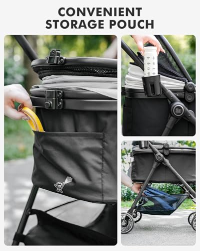 Pawccoli Pet Stroller for Small Dogs and Cats, One-Click Foldable Dog Stroller with Detachable Carrier & 3 Safety Tethers, Holds up to 33 lbs, Storage Basket & Cup Holder, Breathable Mesh, Black