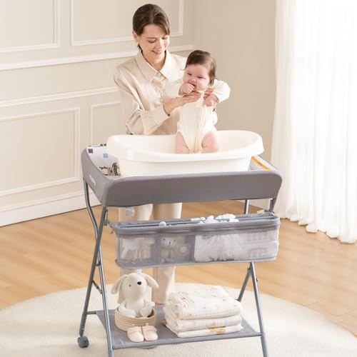 Baby Changing Table with Wheels, Maydolly Portable Adjustable Height Folding Diaper Station with Nursery Organizer & Storage Rack for Newborn Baby and Infant (Light Grey)