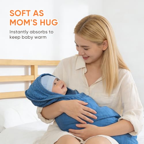 MIGIOL Muslin Baby Towels 100% Cotton ，Super Soft Muslin Baby Bath Towel - 32 x 32 Inches, Suitable for Newborn and Young Children up to 3 Years Old. (Light Blue & Dark Blue)