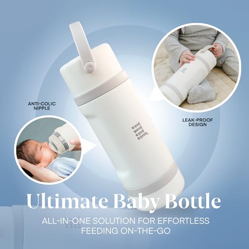 Jili All-in-One Baby Bottle, Insulated Stainless Steel Bottle with Formula Container, Anti-Colic Nipple, and Leak-Proof Lid, Baby Essentials for Travel, BPA and Phthalates-Free, Almond, 8 oz.